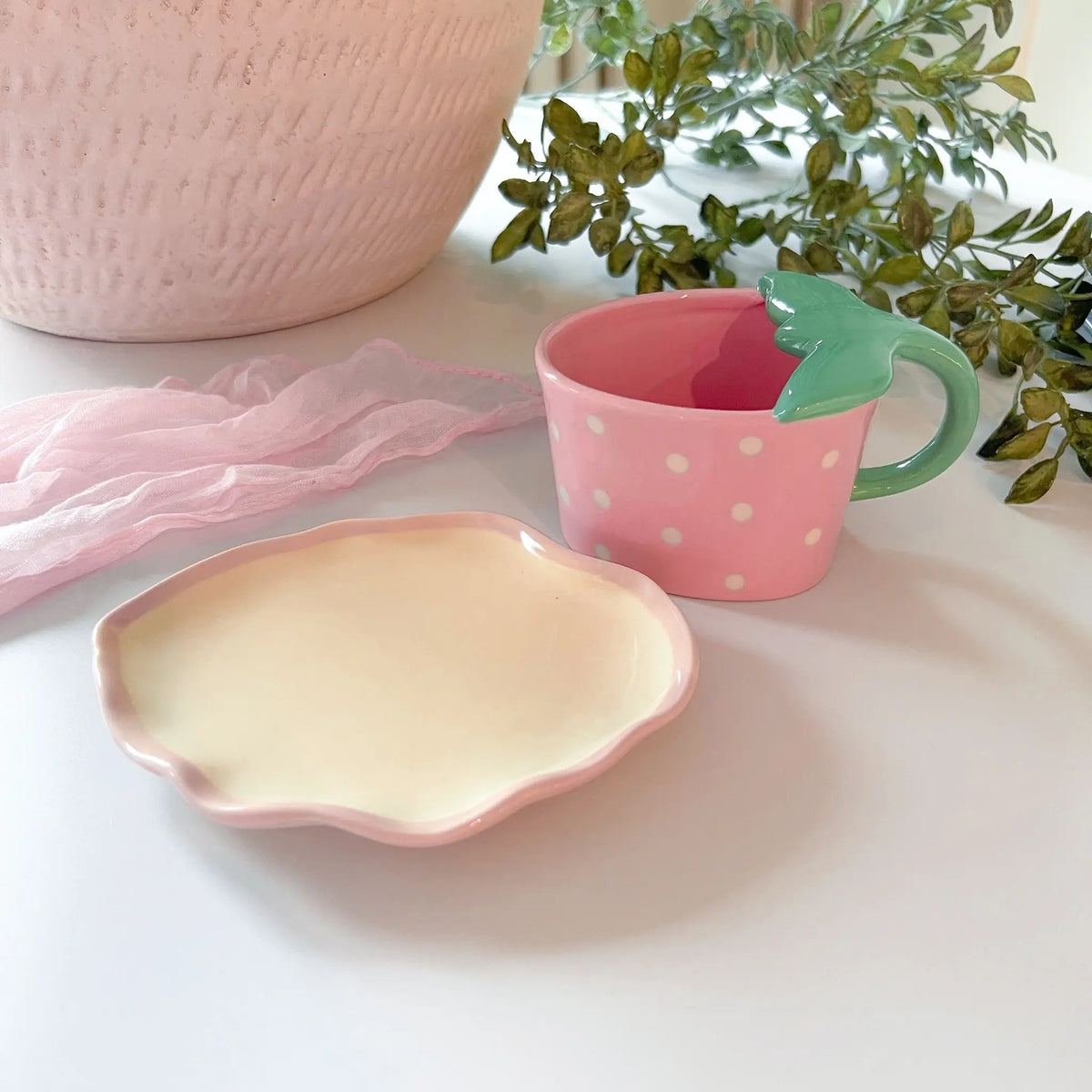 Pink strawberry mug and saucer set: A delightful duo for your morning coffee