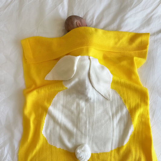 Adorable bunny-themed yellow knit blanket for the little ones