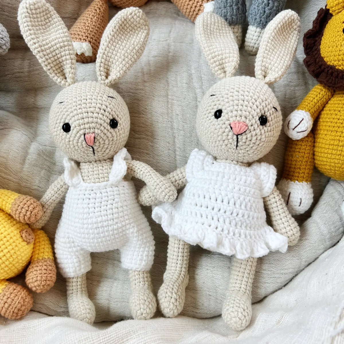 Matching crochet bunny siblings for snuggles