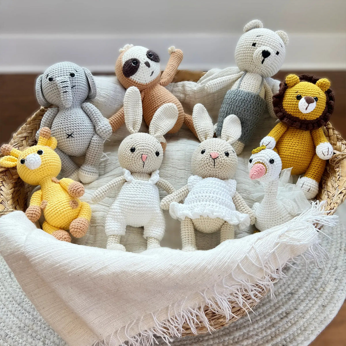 Adorable crochet animal toys nestled in a cozy basket