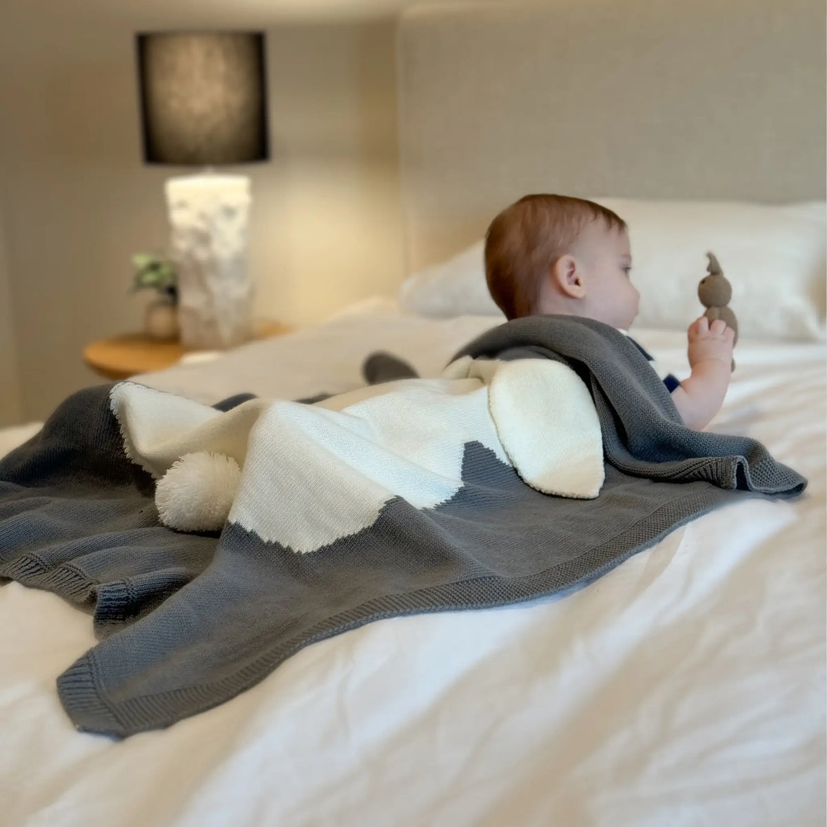 Delightful gray knit bunny blanket for cozy moments