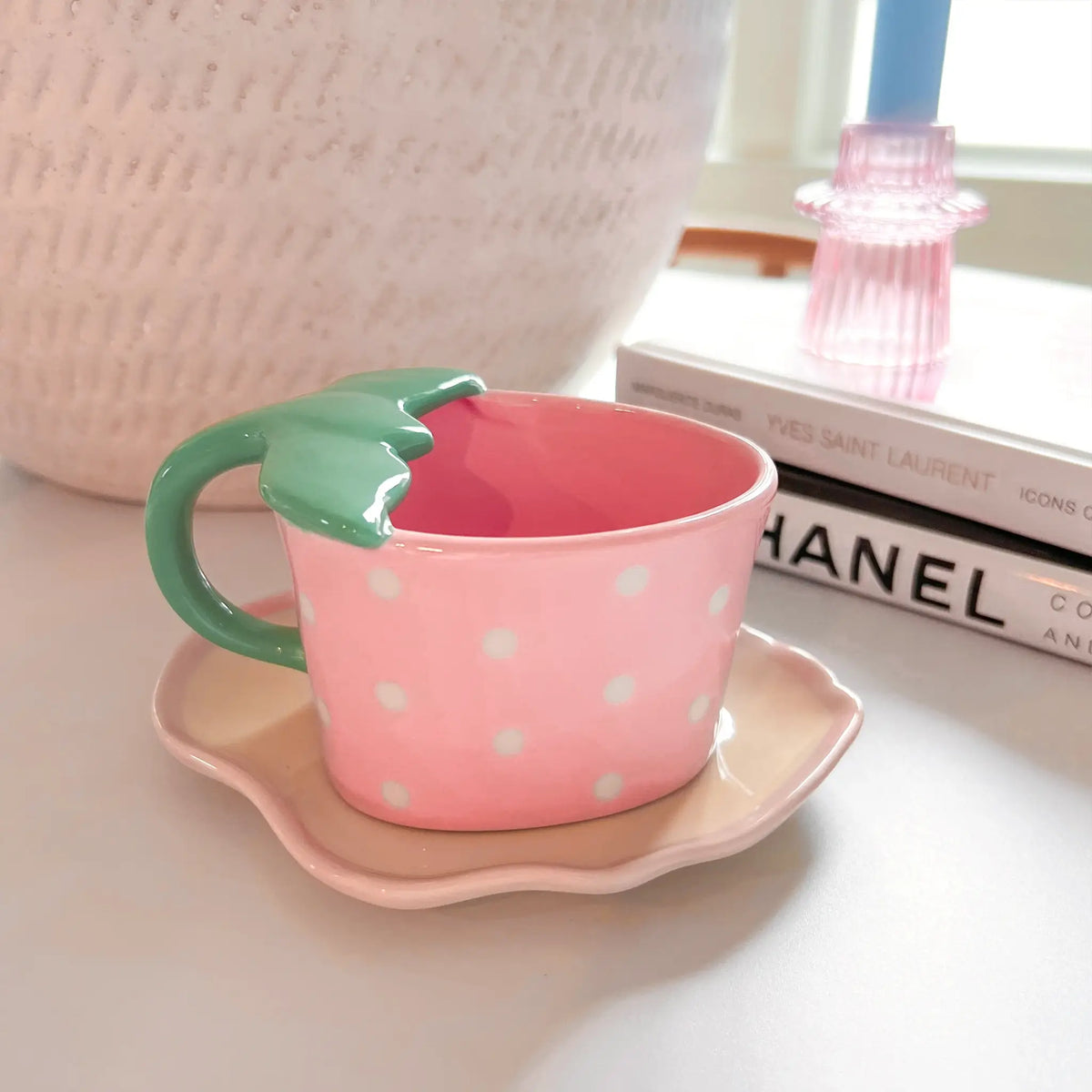 Pink strawberry-shaped mug and saucer set: A fun addition to your kitchenware collection