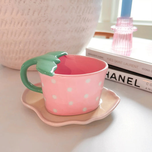 Pink strawberry-shaped mug and saucer set: A fun addition to your kitchenware collection