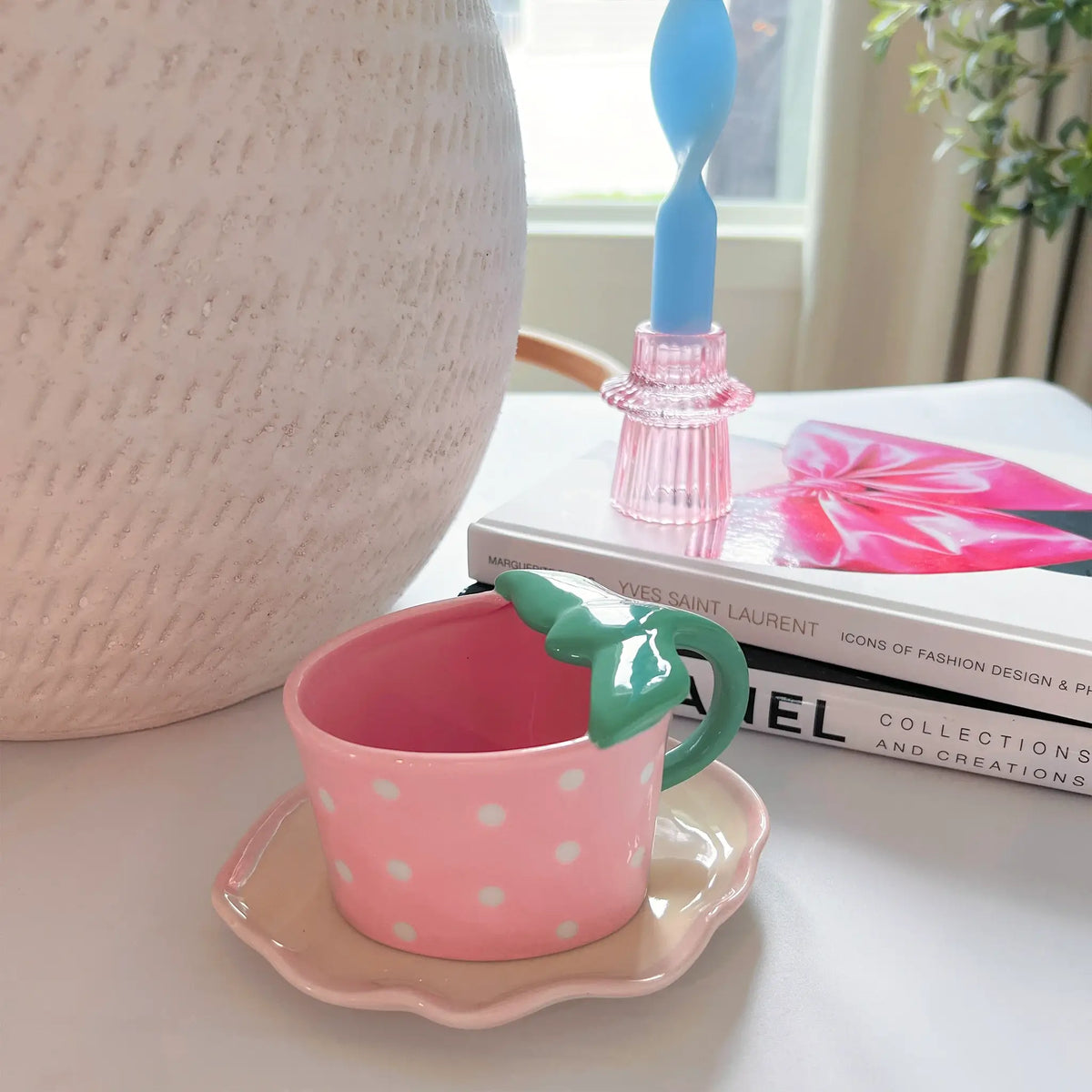 Charming pink strawberry mug and saucer: Perfect for coffee or a sweet tea time